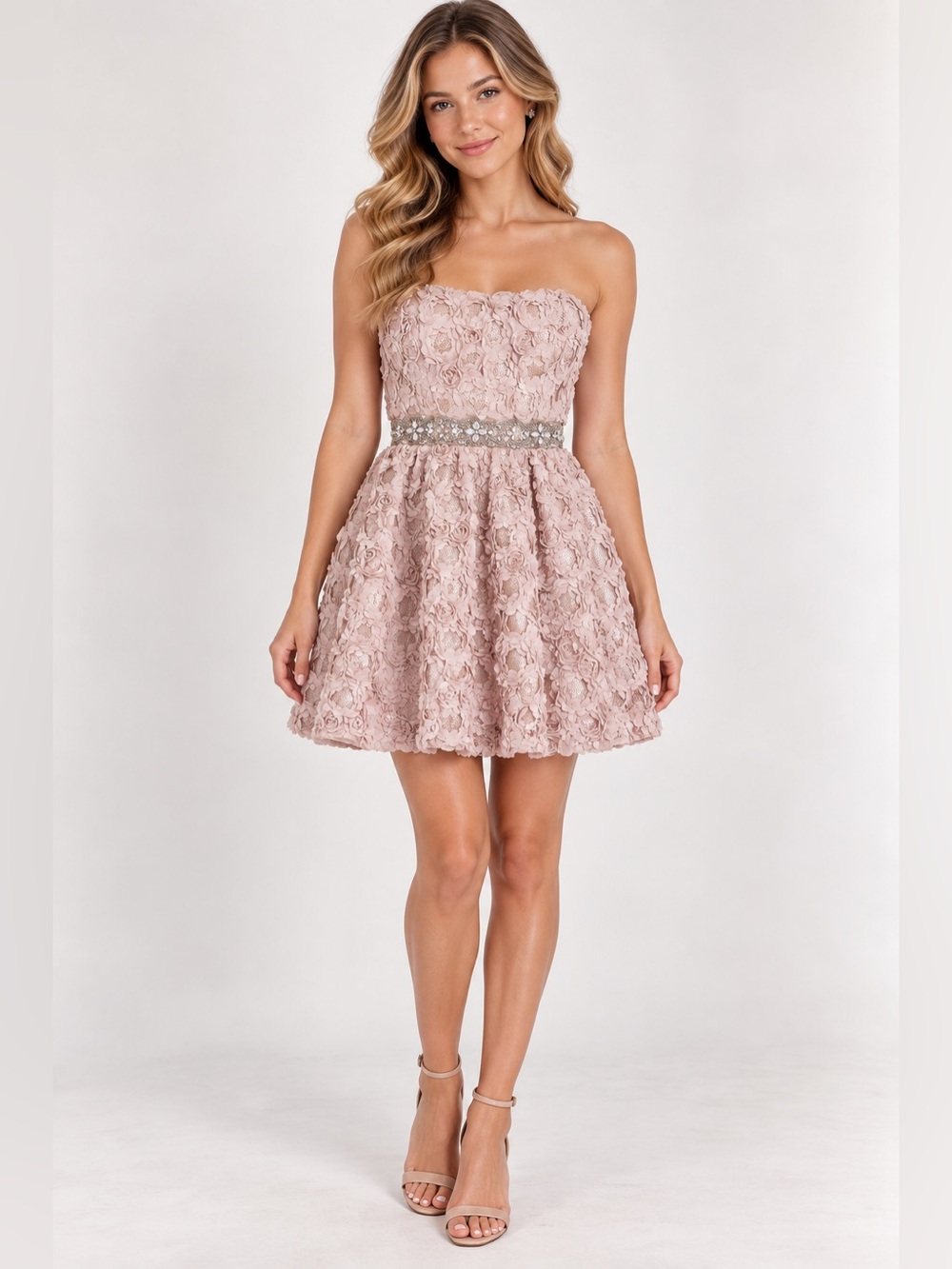 Blush Floral and Sequin Strapless Homecoming Mini Dress with Jeweled Waist